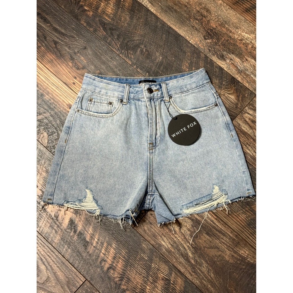 White Fox Boutique Womens XS Light Wash Distressed Denim Shorts High Waisted Raw